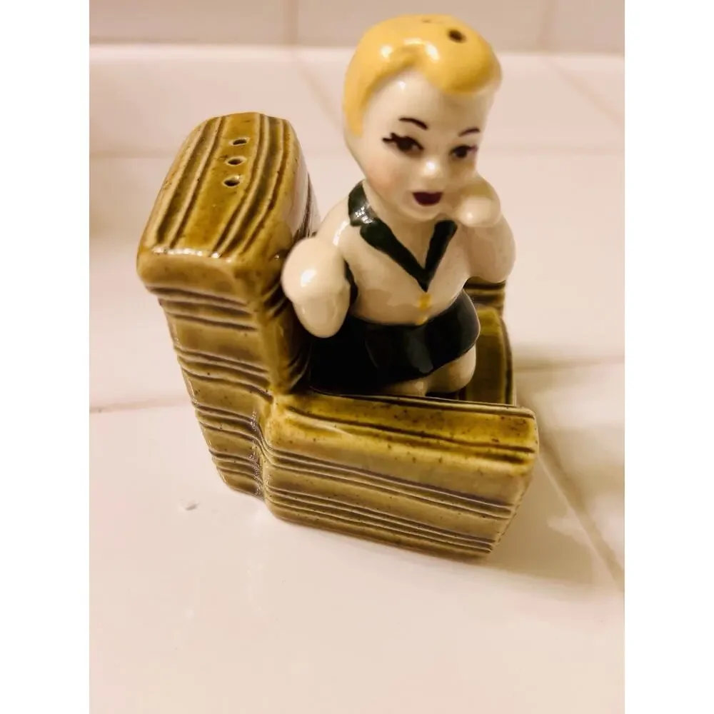 Ceramic Arts Studio Boy in Green Chair Salt Pepper Shaker 1953 Hard to Find USA